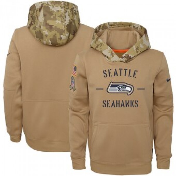 Youth Seattle Seahawks Khaki 2019 Salute To Service Therma Pullover Hoodie