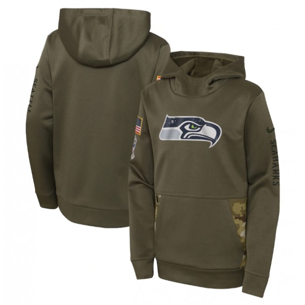 Youth Seattle Seahawks 2022 Olive Salute To Service Therma Performance Pullover Hoodie