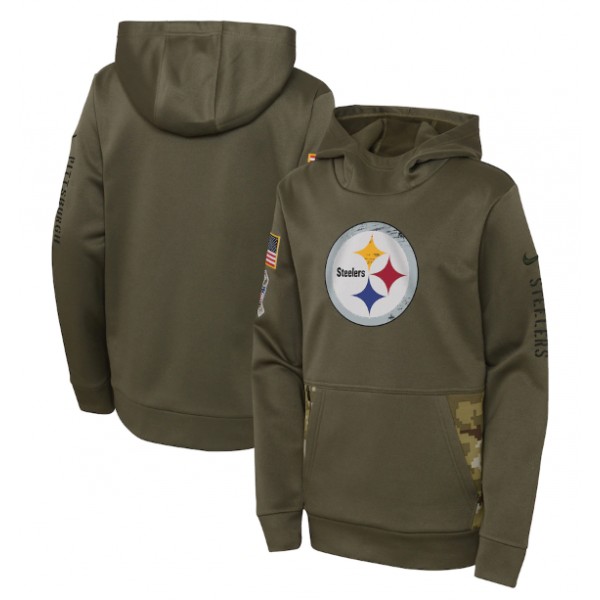 Youth Pittsburgh Steelers 2022 Olive Salute To Service Therma Performance Pullover Hoodie