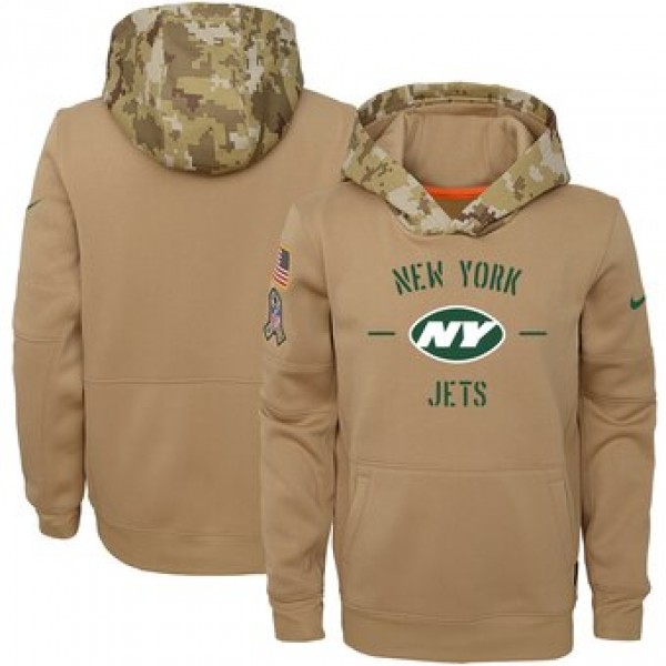 Youth New York Jets Khaki 2019 Salute To Service Therma Pullover Hoodie