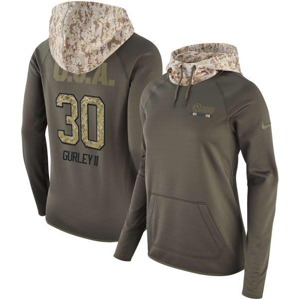 Women's Los Angeles Rams #30 Todd Gurley Olive Salute To Service Sideline Therma Pullover Hoodie