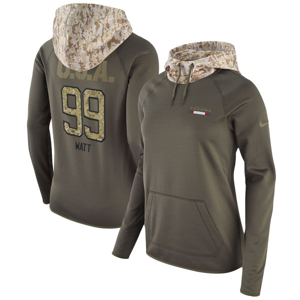 Women's Houston Texans #99 JJ Watt Olive Salute To Service Sideline Therma Pullover Hoodie