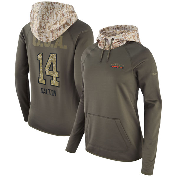 Women's Cincinnati Bengals #14 Andy Dalton Olive Salute To Service Sideline Therma Pullover Hoodie