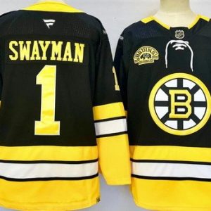 Boston Bruins #1 Jeremy Swayman Black 100th Anniversary Authentic Jersey