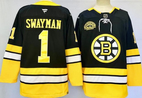 Boston Bruins #1 Jeremy Swayman Black 100th Anniversary Authentic Jersey