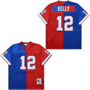Buffalo Bills #12 Jim Kelly Blue Red Split 1990 Throwback Jersey