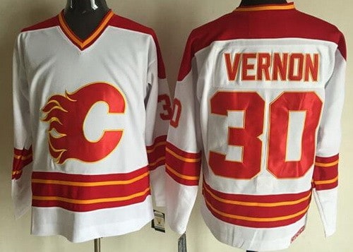 Calgary Flames #30 Mike Vernon White Throwback Jersey