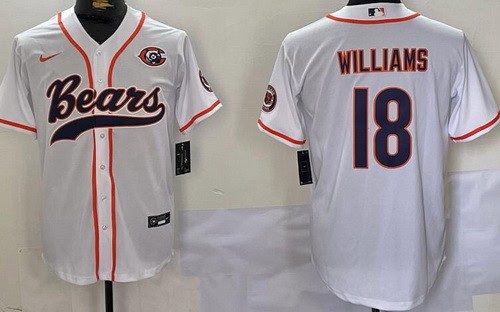 Chicago Bears #18 Caleb Williams Limited White Bear Logo Baseball Jersey