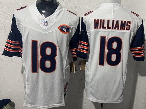 Chicago Bears #18 Caleb Williams Limited White Illinois 51 Patch FUSE Vapor Jersey