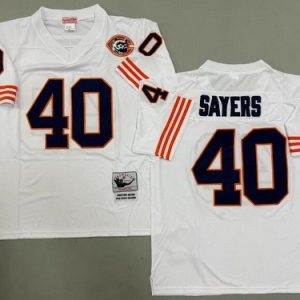 Chicago Bears #40 Gale Sayers White Bear Patch Throwback Jersey
