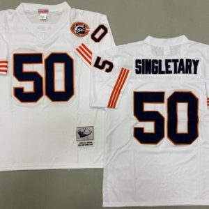Chicago Bears #50 Mike Singletary White Bear Patch Throwback Jersey