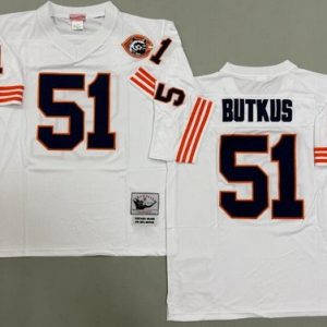 Chicago Bears #51 Dick Butkus White Bear Patch Throwback Jersey