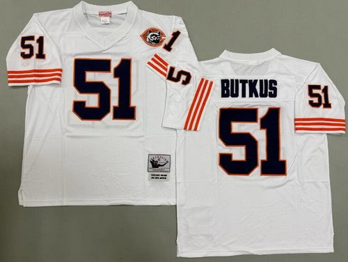 Chicago Bears #51 Dick Butkus White Bear Patch Throwback Jersey