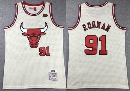 Chicago Bulls #91 Dennis Rodman Cream Chainstitch Throwback Swingman Jersey