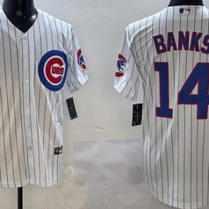 Chicago Cubs #14 Ernie Banks White Team Logo Cool Base Jersey
