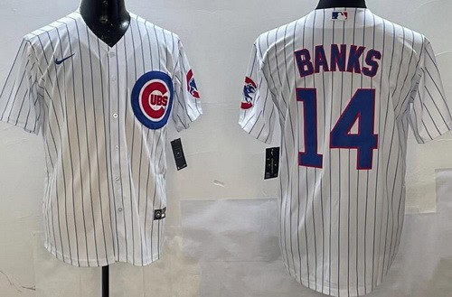 Chicago Cubs #14 Ernie Banks White Team Logo Cool Base Jersey