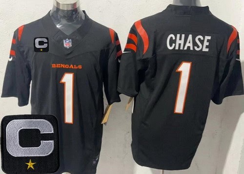 Cincinnati Bengals #1 Ja'Marr Chase Limited Black 2025 Captain Patch FUSE Vapor Jersey
