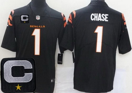 Cincinnati Bengals #1 Ja'Marr Chase Limited Black 2025 Captain Patch Vapor Jersey
