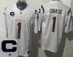 Cincinnati Bengals #1 Ja'Marr Chase Limited White 2025 Captain Patch FUSE Vapor Jersey