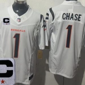 Cincinnati Bengals #1 Ja'Marr Chase Limited White 2025 Captain Patch FUSE Vapor Jersey