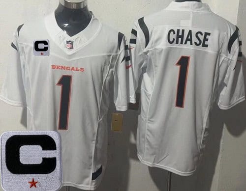 Cincinnati Bengals #1 Ja'Marr Chase Limited White 2025 Captain Patch FUSE Vapor Jersey