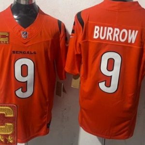 Cincinnati Bengals #9 Joe Burrow Limited Orange Captain Patch FUSE Vapor Jersey