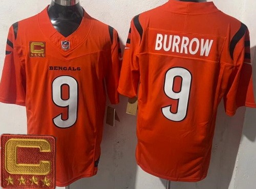 Cincinnati Bengals #9 Joe Burrow Limited Orange Captain Patch FUSE Vapor Jersey