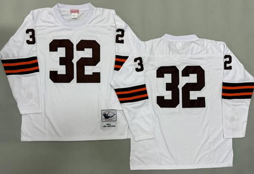 Cleveland Browns #32 Jim Brown White Long Sleeves 1964 Throwback Jersey