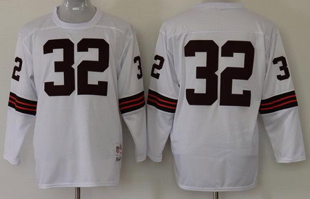 Cleveland Browns #32 Jim Brown White Long Sleeves Throwback Jersey