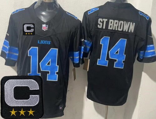 Detroit Lions #14 Amon Ra St Brown Limited Black 2025 Captain Patch FUSE Vapor Jersey
