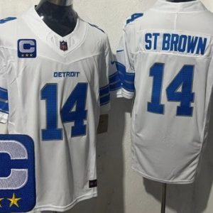Detroit Lions #14 Amon Ra St Brown Limited White 2025 Captain Patch FUSE Vapor Jersey