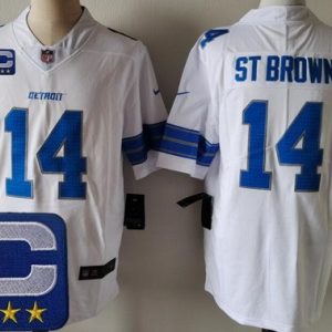 Detroit Lions #14 Amon Ra St Brown Limited White 2025 Captain Patch Vapor Jersey