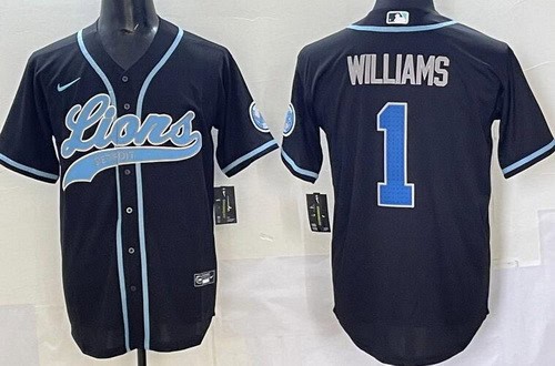Detroit Lions #1 Jameson Williams Limited Black Fashion Baseball Jersey