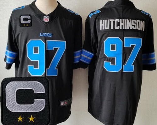 Detroit Lions #97 Aidan Hutchinson Limited Black 2025 Captain Patch Vapor Jersey