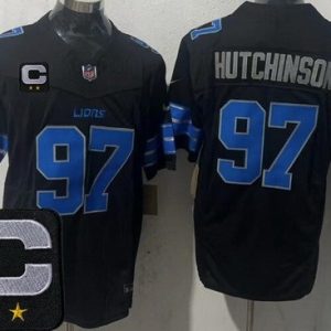 Detroit Lions #97 Aidan Hutchinson Limited Black 2025 Captain Patch FUSE Vapor Jersey