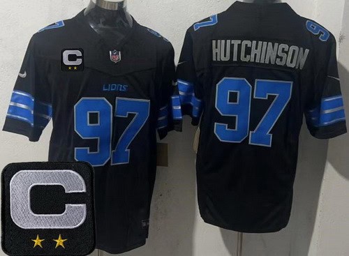 Detroit Lions #97 Aidan Hutchinson Limited Black 2025 Captain Patch FUSE Vapor Jersey