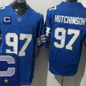 Detroit Lions #97 Aidan Hutchinson Limited Blue 2025 Captain Patch FUSE Vapor Jersey