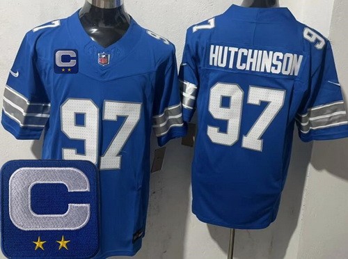 Detroit Lions #97 Aidan Hutchinson Limited Blue 2025 Captain Patch FUSE Vapor Jersey