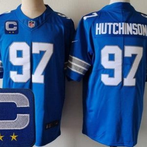 Detroit Lions #97 Aidan Hutchinson Limited Blue 2025 Captain Patch Vapor Jersey