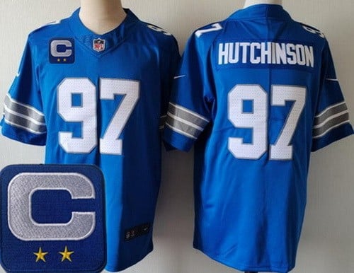 Detroit Lions #97 Aidan Hutchinson Limited Blue 2025 Captain Patch Vapor Jersey