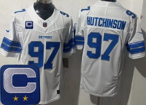 Detroit Lions #97 Aidan Hutchinson Limited White 2025 Captain Patch FUSE Vapor Jersey