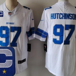 Detroit Lions #97 Aidan Hutchinson Limited White 2025 Captain Patch Vapor Jersey