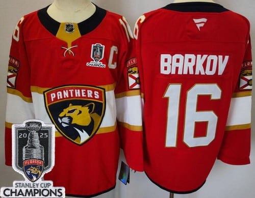 Florida Panthers #16 Aleksander Barkov Red 2025 Stanley Cup Champions Authentic Jersey