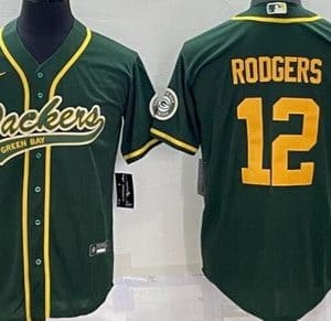 Green Bay Packers #12 Aaron Rodgers Green Yellow Baseball Jersey