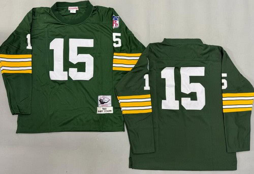 Green Bay Packers #15 Bart Starr Green Long Sleeve 1969 Throwback Jersey