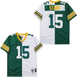 Green Bay Packers #15 Bart Starr Green White Split 1969 Throwback Jersey