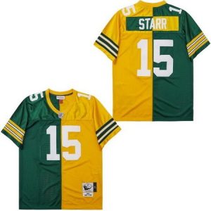 Green Bay Packers #15 Bart Starr Green Yellow Split 1969 Throwback Jersey