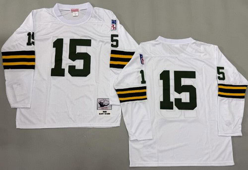 Green Bay Packers #15 Bart Starr White Long Sleeve 1969 Throwback Jersey