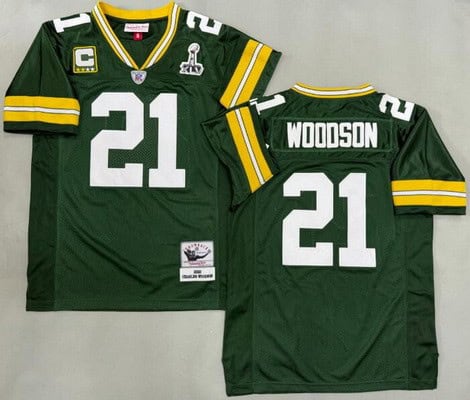 Green Bay Packers #21 Charles Woodson Green XLV Super Bowl Captain Patch 2010 Throwback Jersey