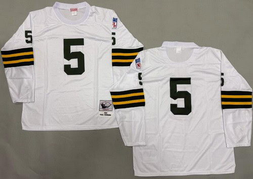 Green Bay Packers #5 Paul Hornung White Long Sleeve 1961 Throwback Jersey